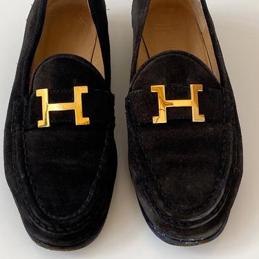 Vintage HERMES H Logo Gold / Brown Suede Leather Loafers Driving Flats Shoes It 37 us 6.5 - 7 