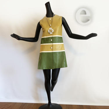 Leather 60s MOD Go-go Dress | Vintage 1960s Sexy Go Go Mini Dress / Vest | Olive Green + Yellow Gold | Twiggy Carnaby Street Mad Men | Small 