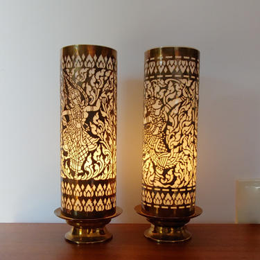 Vintage Hand Cut Brass and Glass Cylinder Table Lamps - Set of 2 