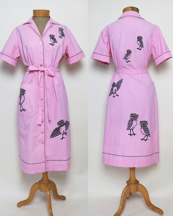 Vintage 60s Pink Owl Housedress Leona Caldwell Originals - Volup 