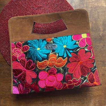 Vintage Floral Embroidered Leather Handbag Purse Handmade in Guatemala Boho Top Handle Bag 