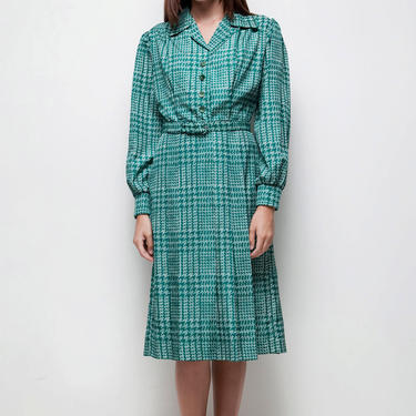 shirtwaist dress green houndstooth plaid polyester pleated vintage 70s LARGE L long sleeves 