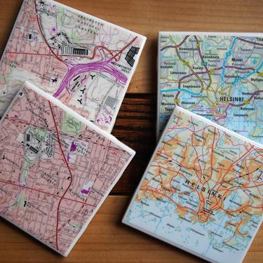 Custom Order for Elisa - Repurposed Vintage Map Coasters - Multiple Locations - Four Single Coasters - Ceramic Tile - Handmade 