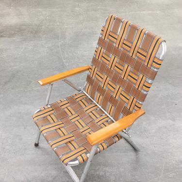 Vintage Lawn Chair Retro 1970s Silver Aluminum + Brown and Orange + Webbed Ribbon + Wood Armrest + Patio Furniture + Folded + Beach Chair 