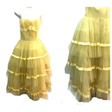 Vintage VTG 1950s 50s Emma Domb Yellow Cupcake Tulle Strapless Dress 
