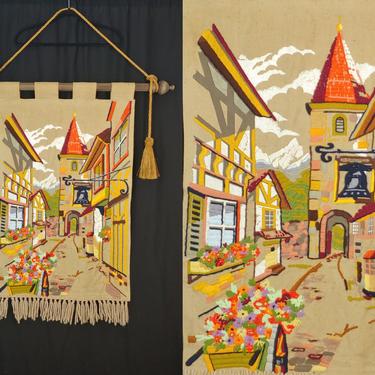 Vintage 70s Embroidered European Village Wall Hanging with Tassels - Large Seventies Boho Wall Decor 