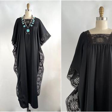 CRAZY FOR CAFTANS Vintage 70s Kaftan, 1970s Black Mexican Style Maxi Dress w/ Lace Made in California | Hippie Boho, Lounge Wear | Open Size 