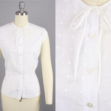1950s White Sleeveless Blouse | Vintage 50s Cotton Top with Circle Dot Embroidery &amp; Tie Neckline | medium 