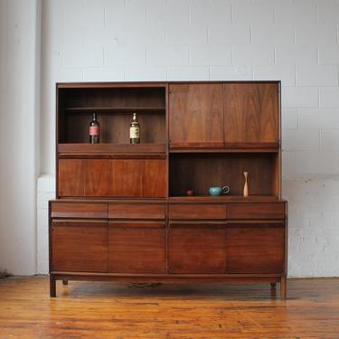 American of Martinsville Walnut Credenza and Bar Hutch with Rosewood Handles 