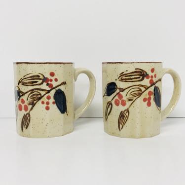 Vintage Mugs/ Otagiri/ Pottery/ Stoneware/ Speckled/ Botanical/ Leaves/ Berries/ Brown/ Blue/ Orange/Geometric Shape/ Made in Japan 