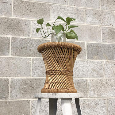 Vintage Plant Stand Retro 1960s Small Size Woven Rope Cane Wicker Plant Stand + Table + Round + Indoor + Outdoor + Plants + Boho Home Decor 