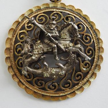 Tortolani Pewter St. George Slaying the Dragon in Gold tone Frame Medallion on Chain 