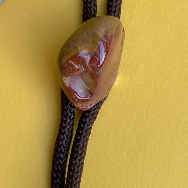 Vtg Brown Geode Polished Stone Slide Pendant Bolo Tie on Brown Nylon Cord / Western Rodeo Necklace 