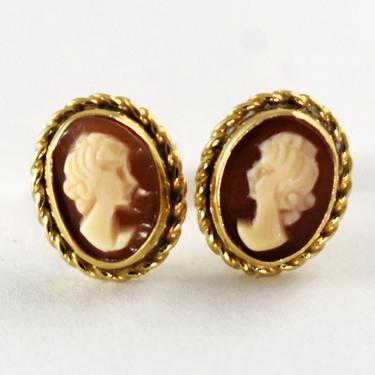 Dainty 70&#39;s VU 14k gold carnelian shell cameo studs, classic Italy yellow gold hand carved cameo profiles post earrings 