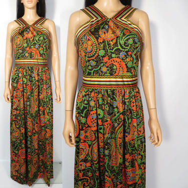 Vintage 60s/70s Psychedelic Paisley Print Hippie Boho Maxi Dress Size M 