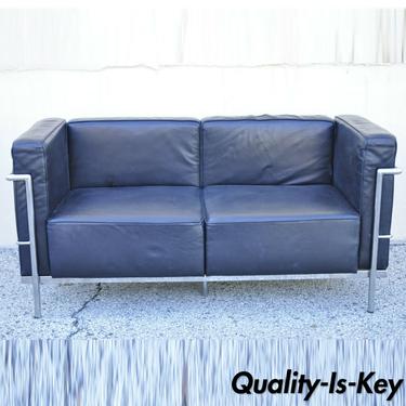 Modern Le Corbusier LC3 Style Faux Leather Black Vinyl Loveseat Sofa by Kinetic