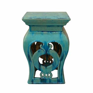 Chinese Turquoise Blue Square Coins Clay Ceramic Garden Stool cs7058E 