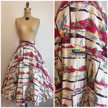 Vintage 1950s Scenic Asian Novelty Print Circle Skirt 50s Cotton 