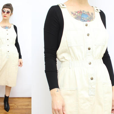 Vintage 80's Light Acid Wash Denim Jumper Dress / 1980's Overalls Dress with Pockets / Women's Size Medium by Ru