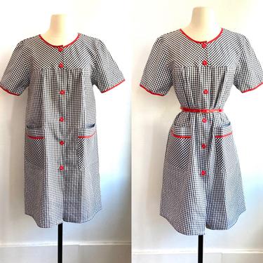 Sweet Vintage 60's GINGHAM HOUSE Dress / RED Trim + Buttons / Deep Pockets / 