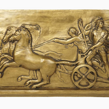 Academic Plaster Relief Roman Frieze Chariot Race King Oenomaus Fiberglass Wall Sculpture Golden Plate Vintage Art 
