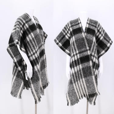 80s Plaid Mohair wrap shawl  / vintage 1980s black white wool winter scarf shawl 