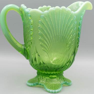 Green Opalescent Shell Water Pitcher | Antique Dugan Glass Milk Jug | Collectible Antique Glassware | Beaded Shell New York 