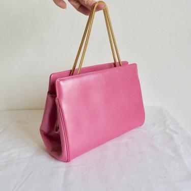 Vintage 1960's Mod Bubble Gum Pink Leather Structured Purse Gold Metal Chain Top Handle 60's Handbag Andrew Geller 