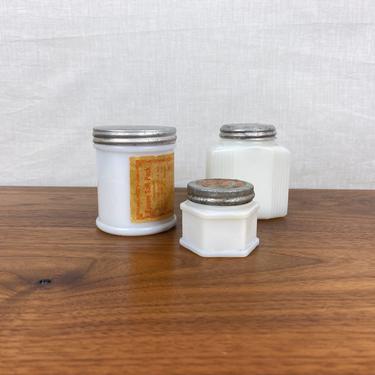 3 Vintage Milk Glass Vanity Jars with Aluminum Lids 