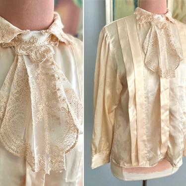 Creamy Silky Blouse, Edwardian Lace Ruffle Jabot, Victorian, Frilly Top Shirt, Polyester, Vintage 