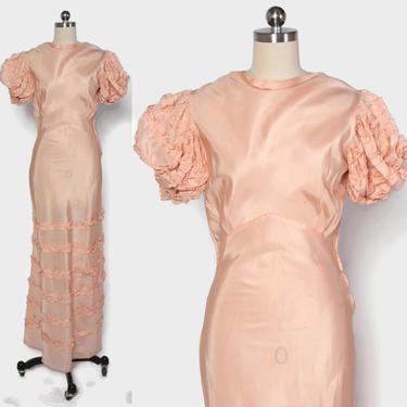 Vintage 30s Peach Taffeta Gown / 1930s Pale Peach Silk Puff Sleeve Ruffled Bias Cut Dress 