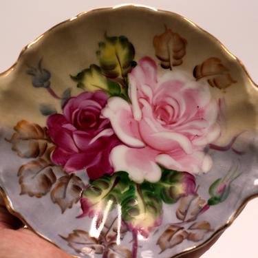 vintage Lefton hand painted bowl or candy dish with pink roses 