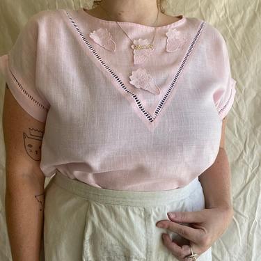 80s Boxy Pink Romantic Blouse with Cutwork Size L / XL 