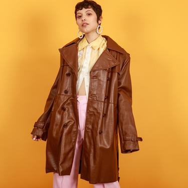 70s Dark Caramel Brown Faux Leather Coat Vintage Oversize Belted Faux Leather Jacket 
