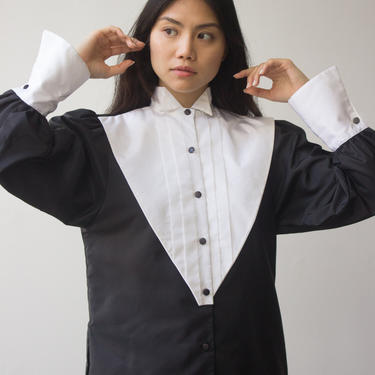 1980s Black and White Taffeta Tuxedo Dress 