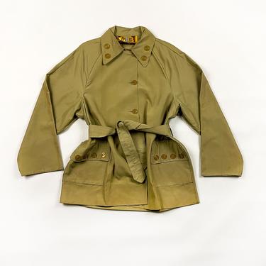 1930s 1940s Khaki Deluge Coat Water Repellant Jacket / Oversize Button Detail / M / Medium / Rain Jacket / Workwear / Women's / Novelty 