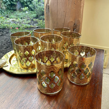 Set of 8 Culver Hollywood Regency / Mid Century Modern Valencia Pattern Double Old Fashioned Drinking Glasses 