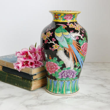 Asian Colorful Vase Vintage Asian Vase with Bird and Flower Motif Chinoiserie Asian Decor by PursuingVintage1
