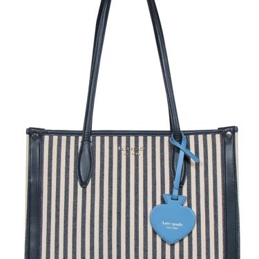 Kate Spade - Beige & Navy Striped Canvas Structured Tote w/ Leather Trim