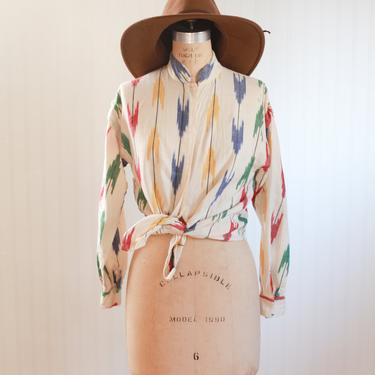 vintage ikat indian cotton blouse // multi-colored arrow button down shirt mandarin collar // vintage womens clothing medium 