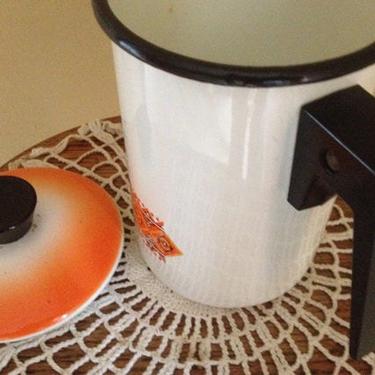 Vintage Retro orange and cream enamel coffee pot with Black handle and lid knob-Great Condition 