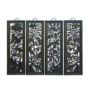 Chinese Color Painted Flower Birds Fishes Wooden Wall 4 Panels Set cs6052E 