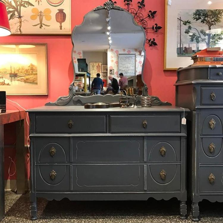 Grey French provincial dresser with attached mirror