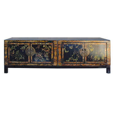 Chinese Oriental Distressed Flower Black Low TV Console Cabinet cs5771E 