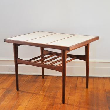 Vintage Danish Modern Side Table with White Laminate Sectioned Top and Slat Shelf, 1960s 