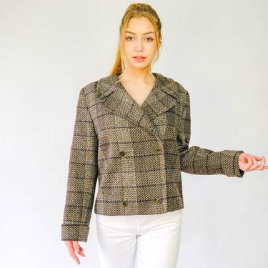 Vintage 80s Giorgio Armani Double Breasted Earthtone Tweed Plaid Cropped Peacoat Blazer | Made in Italy | 100% Wool | 1980s Designer Jacket 