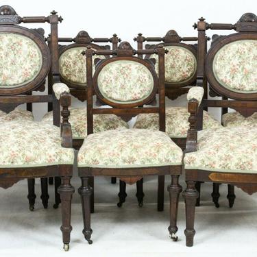 Antique Dining Chairs, Set of Seven Upholstered Victorian Chair, Walnut, 1800s
