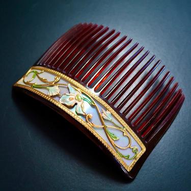 Art Nouveau Lily Iris Flower Overlay Hair Comb, French Antique Hair Comb, Bridal Comb, Celluloid Hair Comb, Jewelry, Hair Decoration 