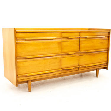 Milo Baughman Style Crawford Furniture Mid Century Blonde 9 Drawer Lowboy Dresser - mcm 