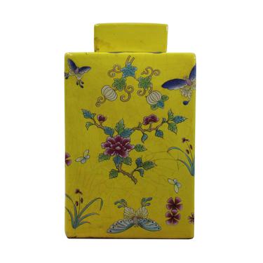 Chinese Yellow Base Butterflies Square Porcelain Accent Jar ws336E 